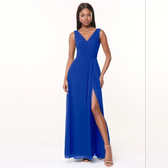 Azazie Cobalt Blue V-Neck Maxi Dress with Front Slit - Picture 2 of 9